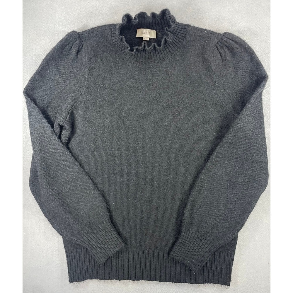 Loft Womens Sweater Ruffle Mock Neck Black Acrylic Blend S